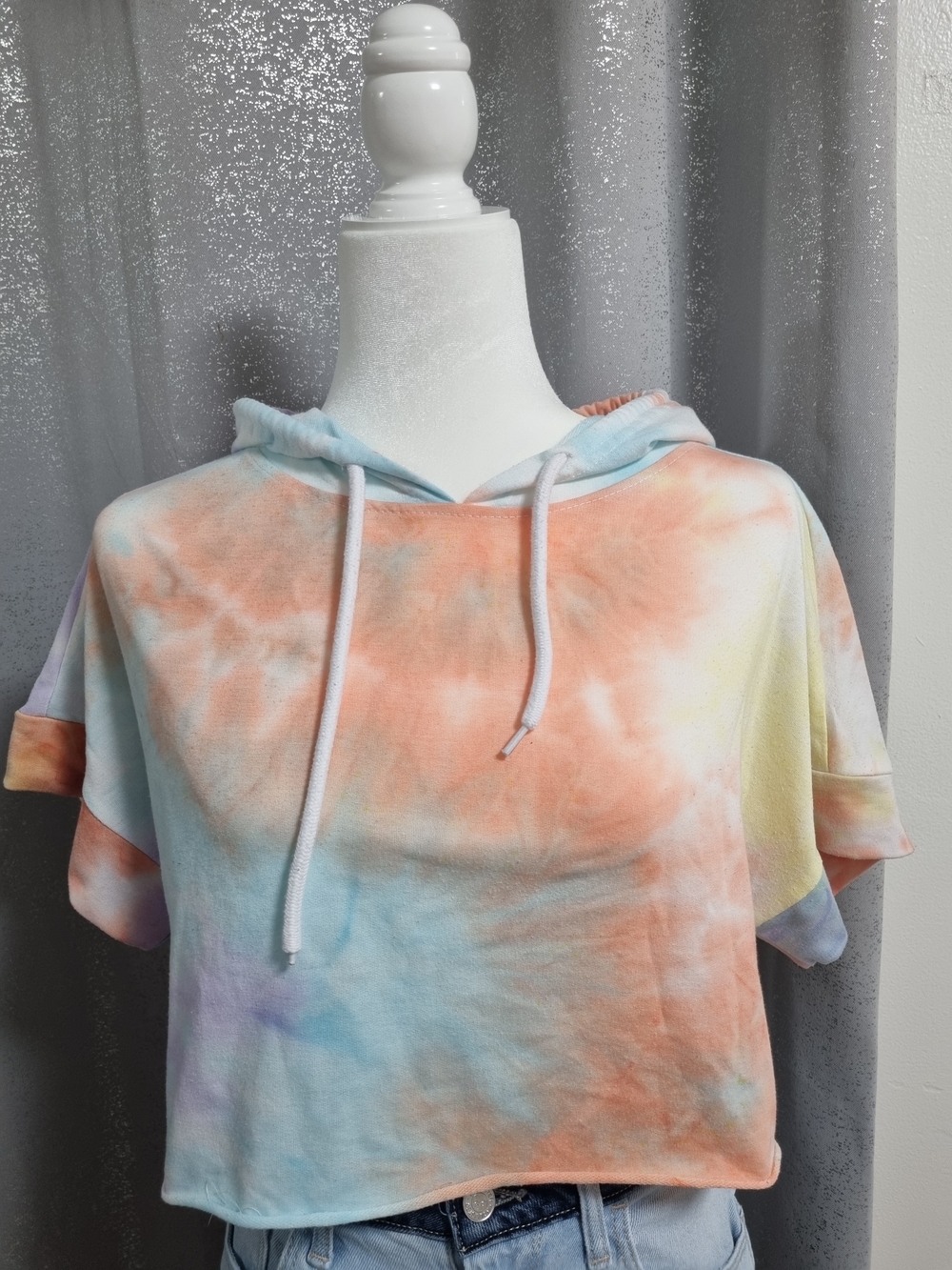 Roma Concept by Rosee Tie Dye Cropped Hoodie Short Sleeve Pullover Size Small